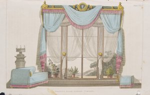 Cortina de ventana de sala de estar, lámina 43 de Ackermanns Repository of Arts, publicado en 1812 de English School